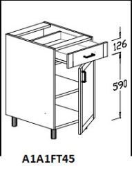 Alsó 1 ajtós, 1 fiókos térben álló 45 cm elem