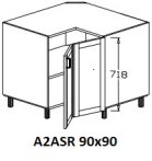   Alsó 2 ajtós L-alakú 90 x 90 cm sarokelem, 3/4-s körráccsal